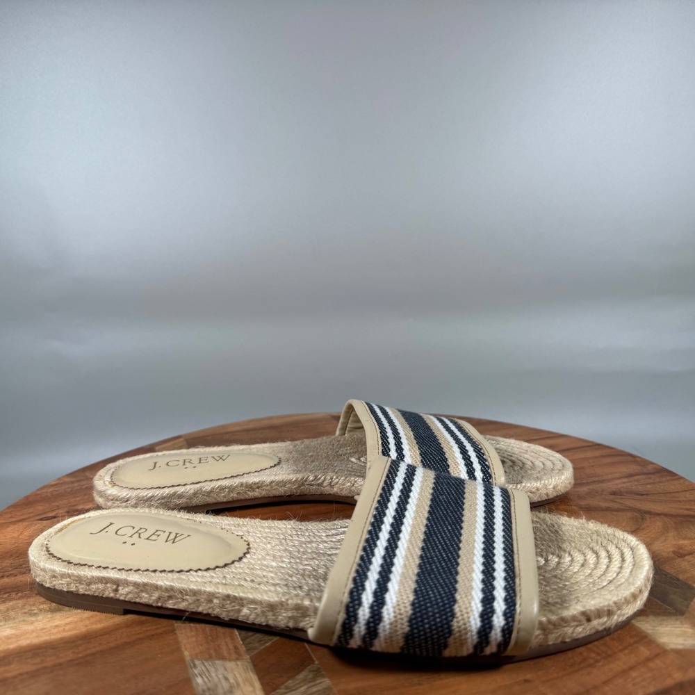J.Crew Womens Striped Espadrille Slide Sandals Tan Navy Blue White Size 6